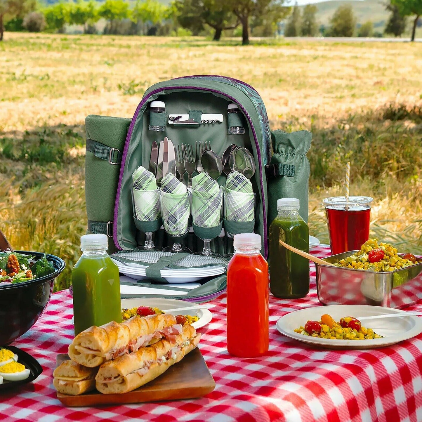 Picnic Backpack Set With Cutlery Kit Cooler Compartment Blanket For 4 Persons