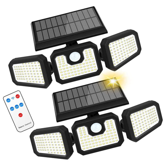 2 Pack 210 LED Solar Outdoor Lights 3 Heads Solar Lights IP65 Waterproof Solar Motion Sensor Lights With Remote Control For Patio, Yard, Garden