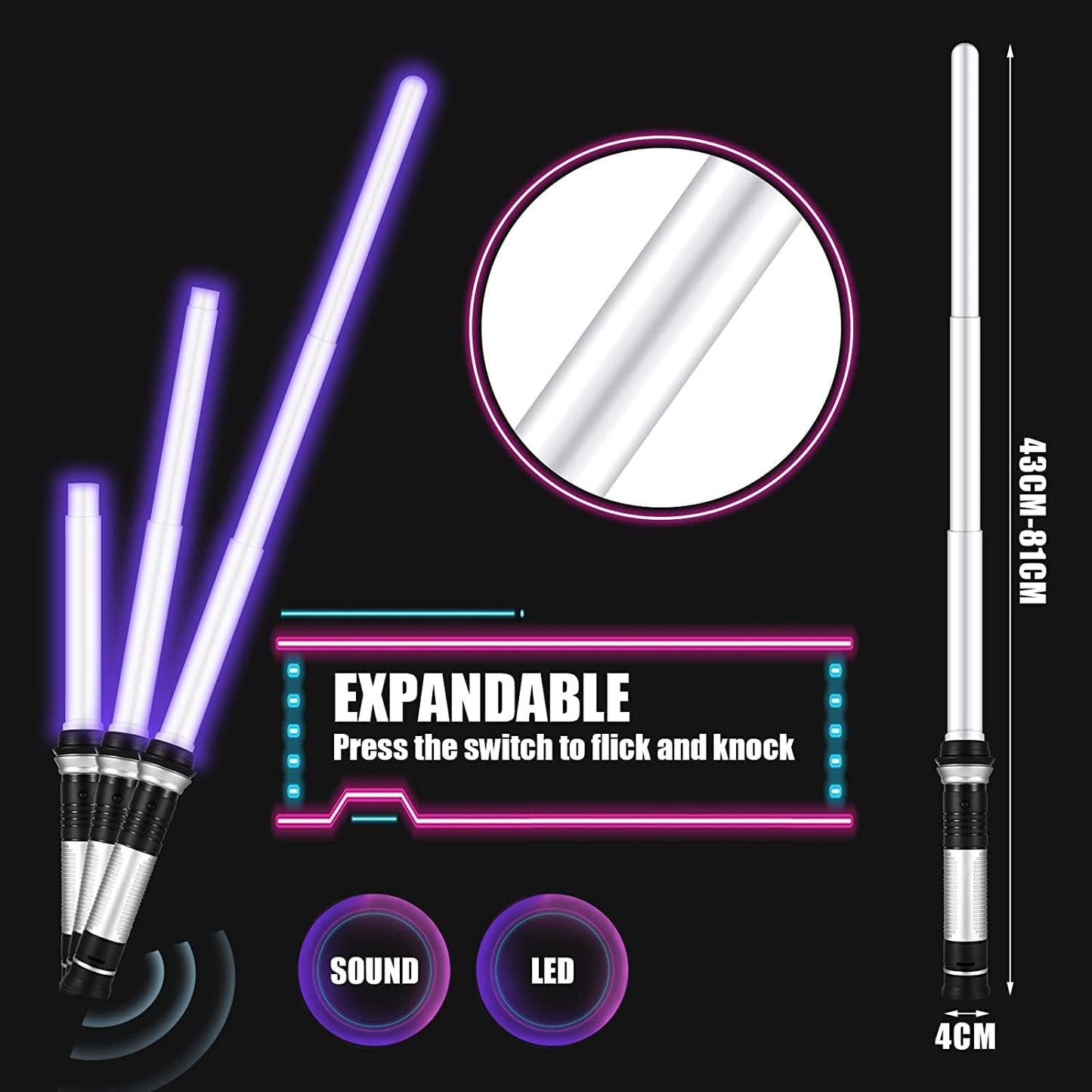 Lightsaber Kids - 2 Pack - LED Light Up Saber With Sound Retractable 7 Colors Light Saber Sword For Boys Kids Party Favors