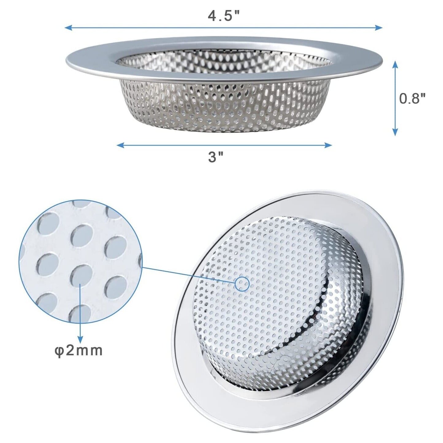 2PCS Kitchen Sink Strainer - Stainless Steel, Large Wide Rim 4.5 Diameter