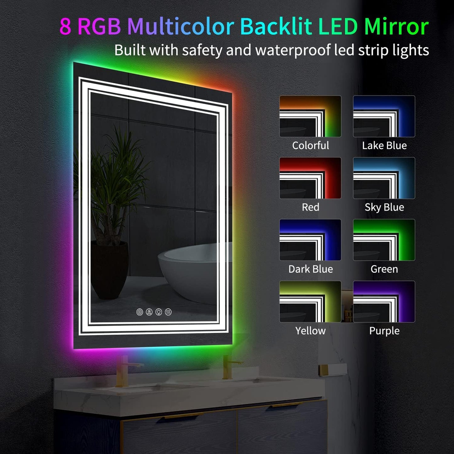 20x28 Inch Anti-Fog Smart Touch Mirror RGB LED Bathroom Mirror With Backlit Color Changing And 3 Front Lighting